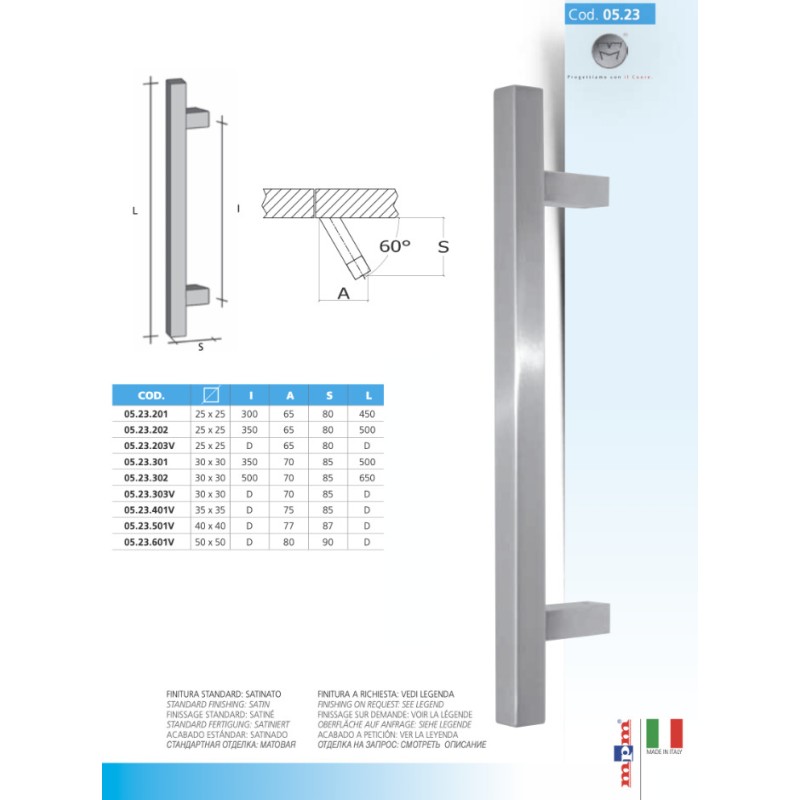 MPM 05.23 Steel Pull Handle with Inclined Square Bar