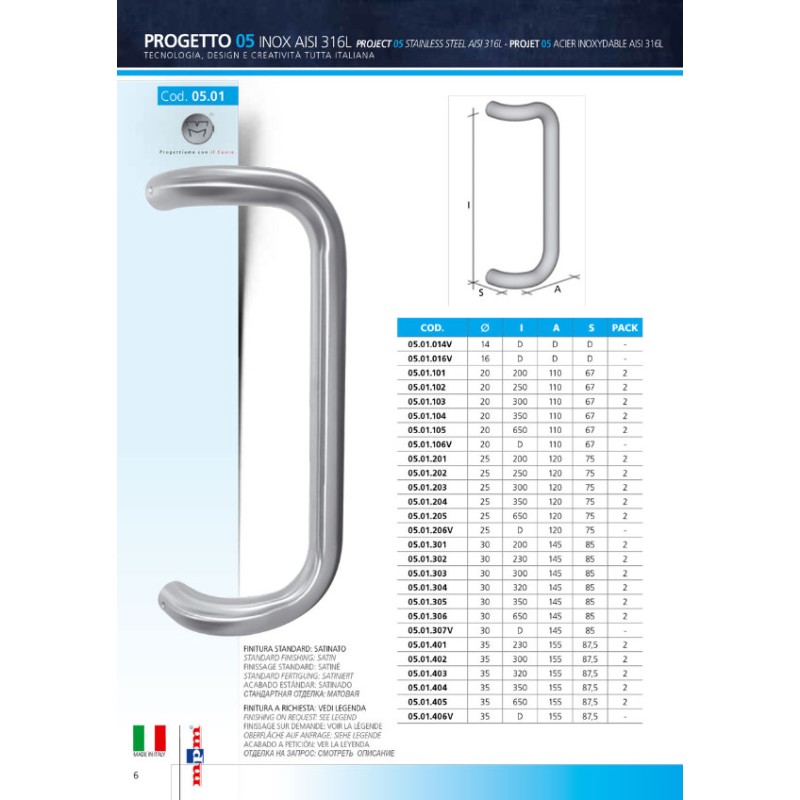 Tubular Pull Handle in Stainless Steel AISI 316L MPM